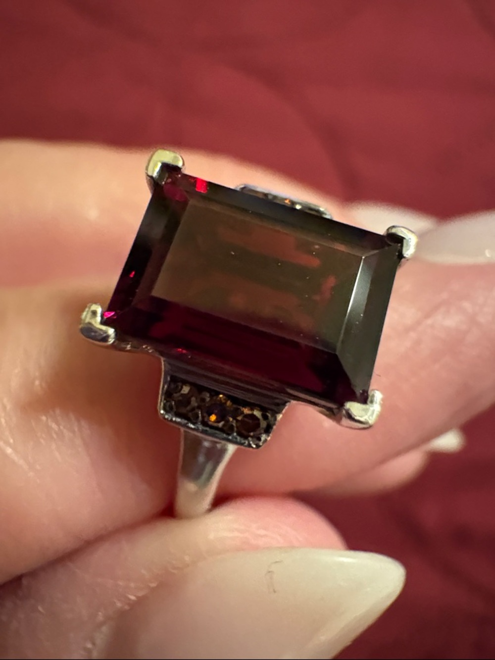 Size 6 Emerald Cut Garnet Ring With Champagne Diamond Accents